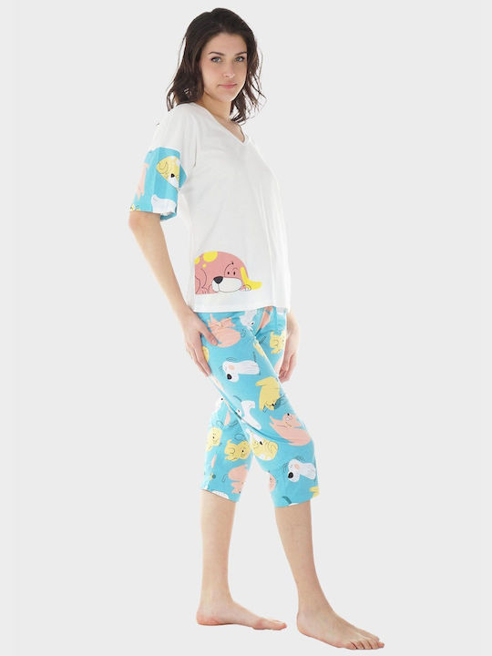 Damen Capri Pyjamas Vienetta V All Print Weiße Hose