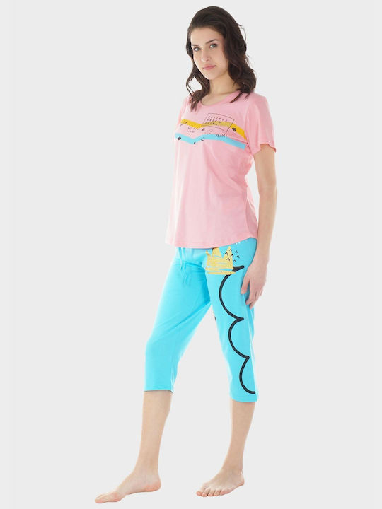 Women's Pajama Capri Vienetta All Print Pants Elastic Waist Pink