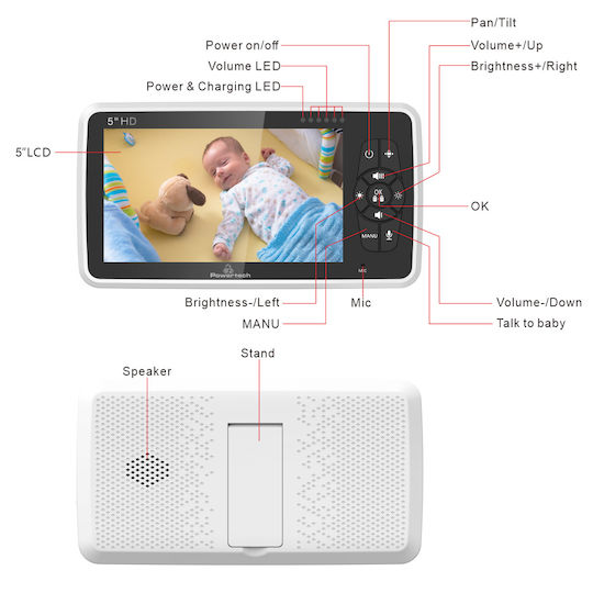 Powertech Wireless Baby Monitor with Camera & Screen 5" , Two-way Communication & Lullabies