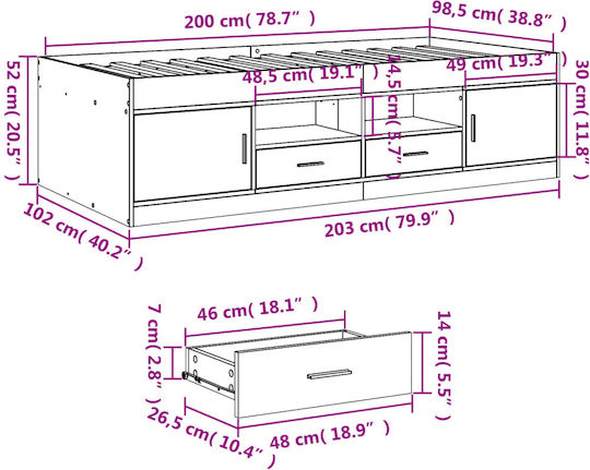 Pat pentru Copii Single cu Spațiu de Depozitare Gri pentru Saltea 100x200cm