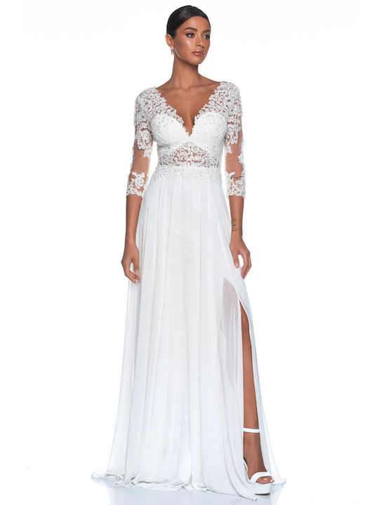 Νυφικό Φόρεμα με Δαντέλα & Διαφάνεια Λευκό LD803fr_002