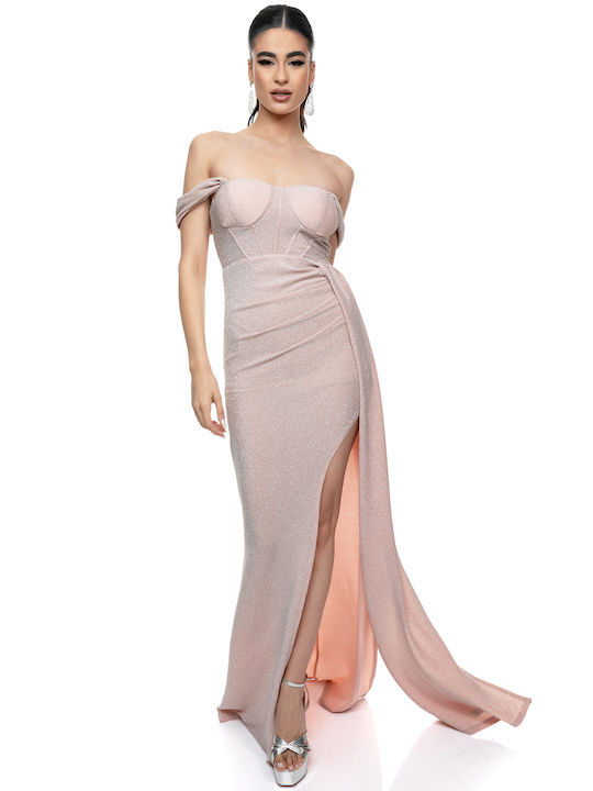Φόρεμα Εκθαμβωτικό Λούρεξ Πέστους Ωμούς Ανοιχτή Πλάτη Ροζ Χρυσό