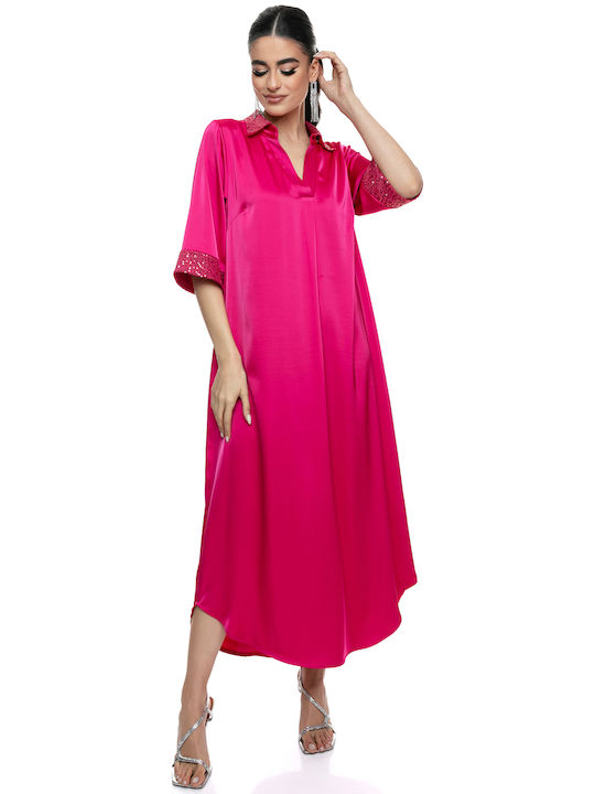 Midi Satin Dress Fuchsia Glitter Paisley Elegance Elegance Special Occasions