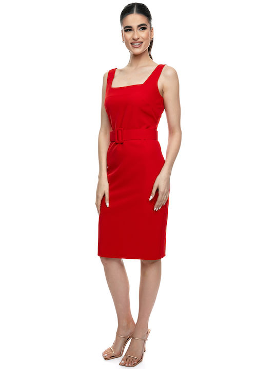 Midi Dress Red Crepe Red Crepe Embedded Belt Elegance & Style