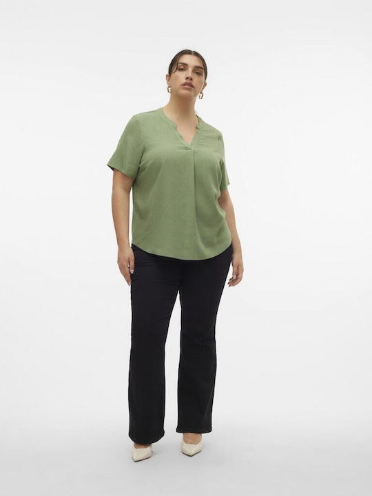 Vero Moda Women's Summer Blouse Linen Short Sleeve with V Neck Hedge Green