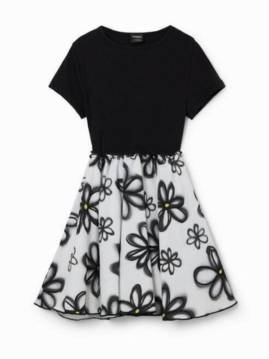 Desigual Mädchen Kleid Blumen Kurzärmelig Schwarz