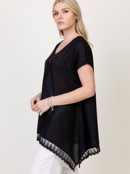 Pronomio Damen Sommer Bluse Kurzärmelig Black