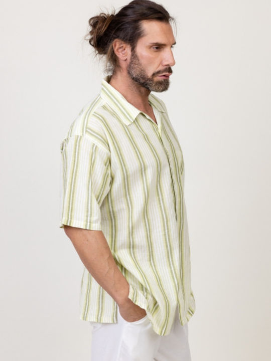 Pronomio Men's Shirt Short Sleeve Cotton Striped Green