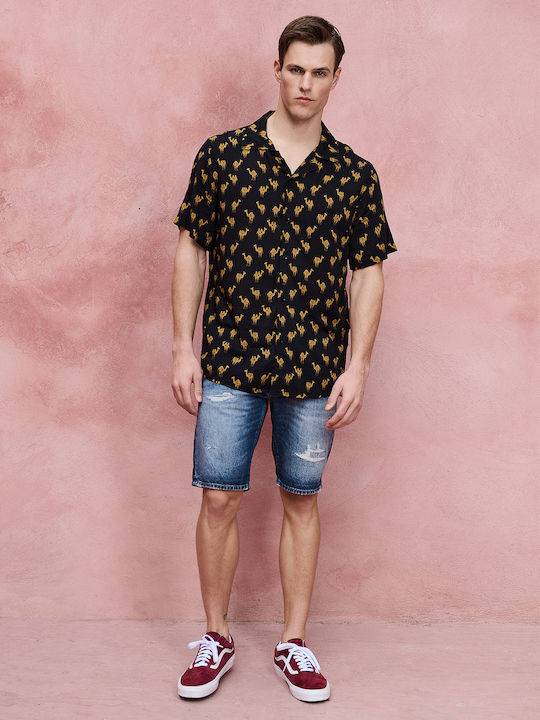 Roy Short-sleeved Denim Shirt in Wide Line Black