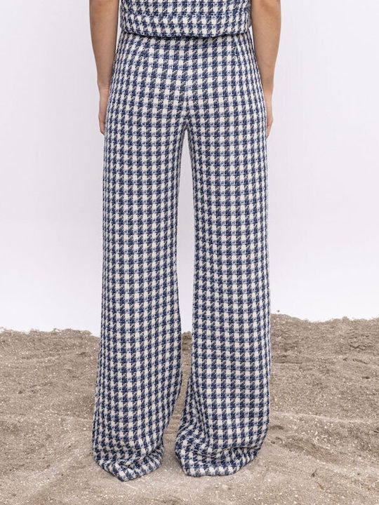 Be A Bee Couture Women's Fabric Trousers Checked Blue