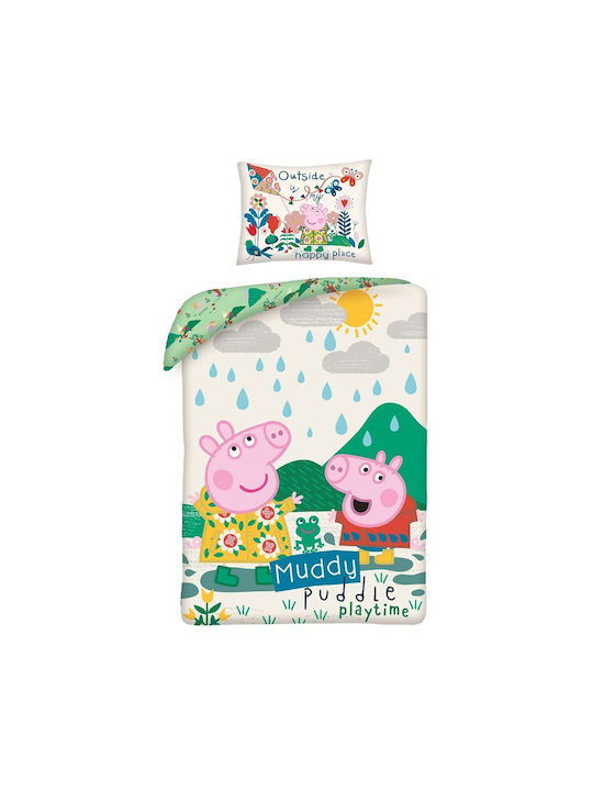 Peppa Pig Сет Единични Памучни Зелен Спални Комплекти 140x200см