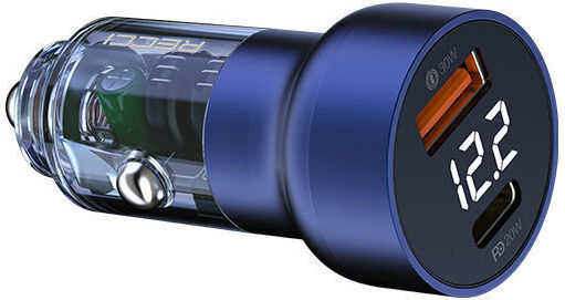 Recci Φορτιστής Αυτοκινήτου 50W Γρήγορης Φόρτισης με Θύρες: 1xUSB 1xType-C και Βολτόμετρο Μπλε