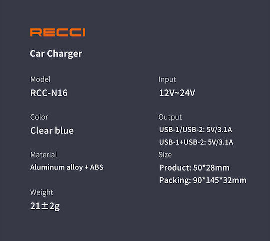 Recci Încărcător Auto 15.5W cu Porturi: 2xUSB Albastru Culoare