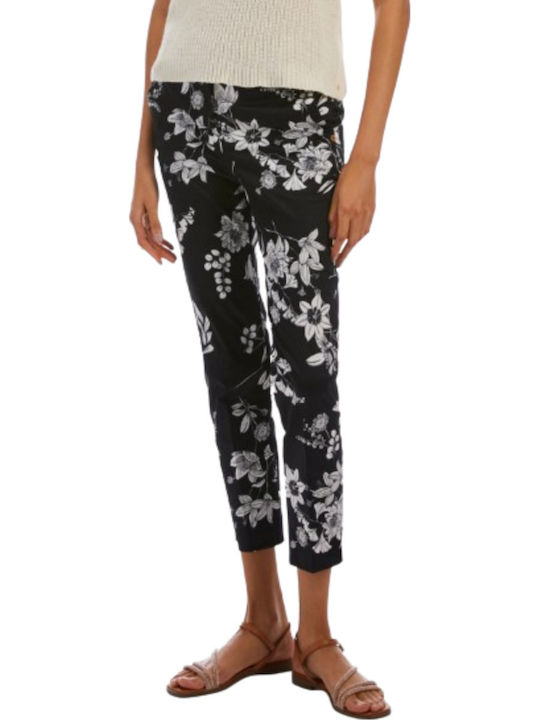 Women's Fabric Trousers Slim Fit Floral Black White