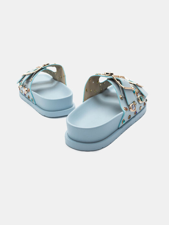 Luigi Flatforms Synthetic Leather Women's Sandals with Stones Light Blue