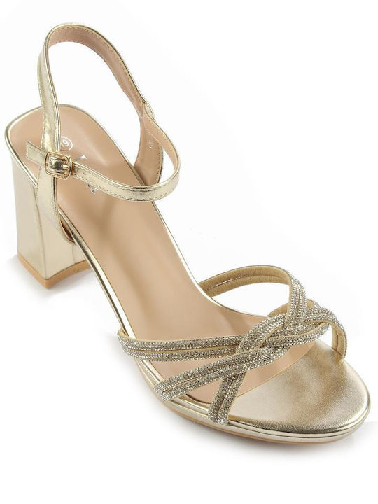 Fshoes Damen Sandalen mit Dünn niedrigem Absatz in Gold Farbe