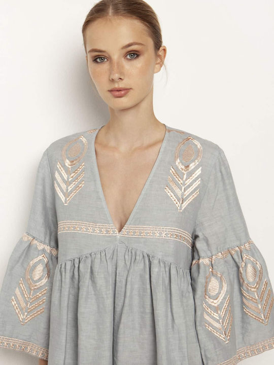 Greek Archaic Kori Summer Midi Dress with Ruffle Light Grey/pink Bronze