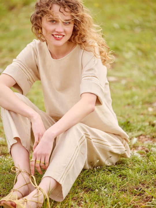 Matis Fashion Γυναικείο Ψηλόμεσο Λινό Παντελόνι με Λάστιχο σε Κανονική Εφαρμογή Μπεζ