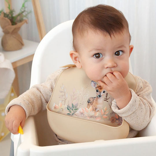 Kiokids Αδιάβροχη Σαλιάρα Σιλικόνης με Κουμπί & Τσέπη μπεζ για 4 m+