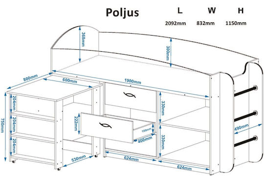 Kinderbett Hochbett Einzeln mit Schreibtisch Weiß für Matratze 80x190cm