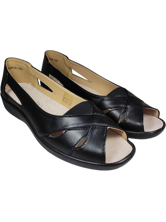 Antrin Leather Women's Flat Sandals Anatomic in Black Color