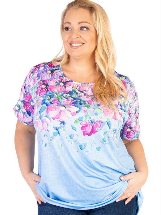 Remix Women's Blouse Short Sleeve Floral Blue