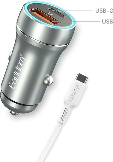 Earldom Earldom Auto-Ladegerät 30W 3A Schnellladen mit Anschlüssen: 1xUSB 1xType-C inklusive Kabeltyp Type-C Silber Farbe