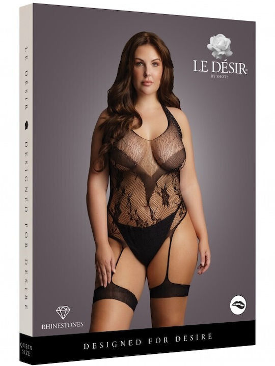 Open Bodysuit Suspenders Le Desir Crotchless Rhinestone Halter Teddy Black