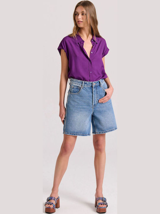 Kurzärmelig Damen Hemd Lila Monochrom