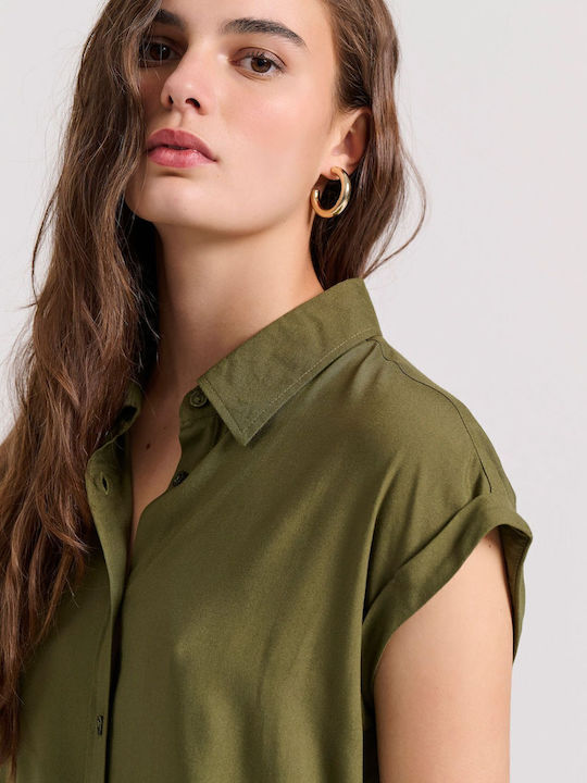 Kurzärmelig Damen Hemd Khaki Monochrom