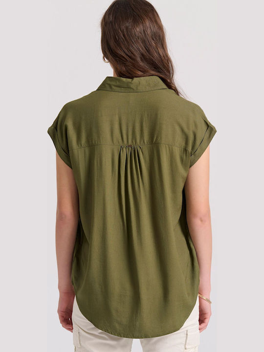 Kurzärmelig Damen Hemd Khaki Monochrom