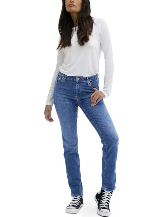 High Waist Women's Jean Trousers in Straight Line Blue