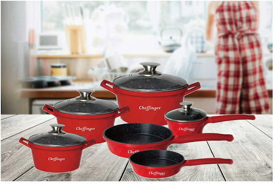 Cheffinger Cookware Set Made of Aluminum Red with Non-stick Coating 6 Pieces