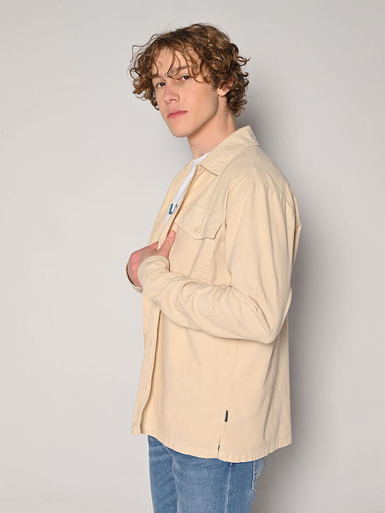 Μακρυμάνικo Λινό Overshirt σε Κανονική Γραμμή Μπεζ