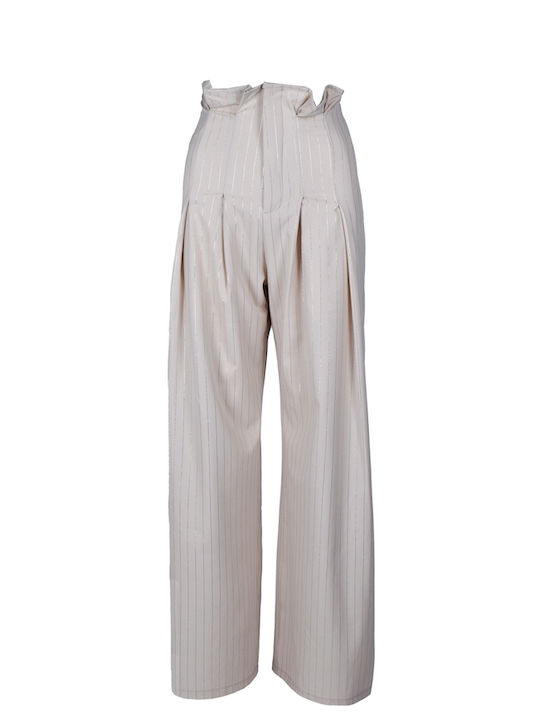 Studio 83 Women's Fabric Trousers Bell Striped Beige
