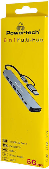 Powertech USB-Hub 5 Anschlüsse USB 3.2 mit Anschluss an einen Computer USB-A / USB-C Grau