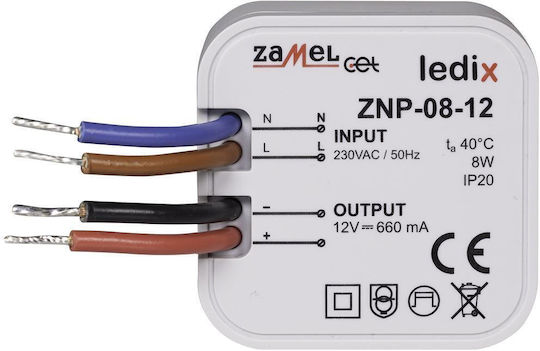 Zamel Τροφοδοτικό LED IP20 Ισχύος 8W με Τάση Εξόδου 12V