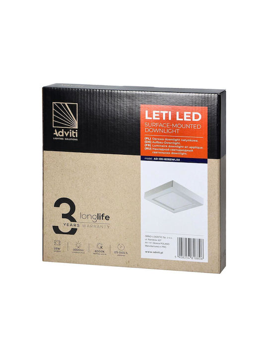 Adviti Pătrat Panou LED Putere 18W cu Alb Natural Lumini