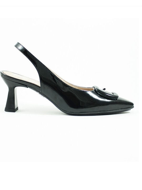Desiree Black Leather Patent Anatomical Mules Heel