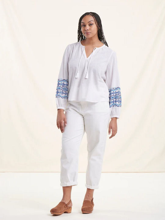 La Fee Maraboutee Cotton Tunic Long Sleeve with V Neckline White