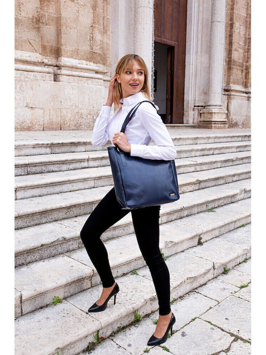 Δερμάτινη Γυναικεία Shopper Τσάντα Navy Μπλε