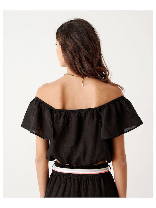 Passager Women's Summer Blouse Linen Off-Shoulder Black