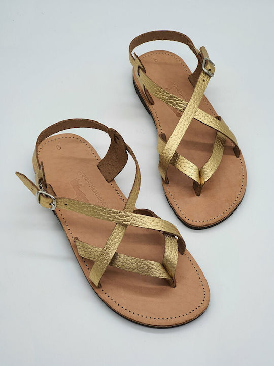 Kypraiosleather Leather Women's Flat Sandals in Gold Color