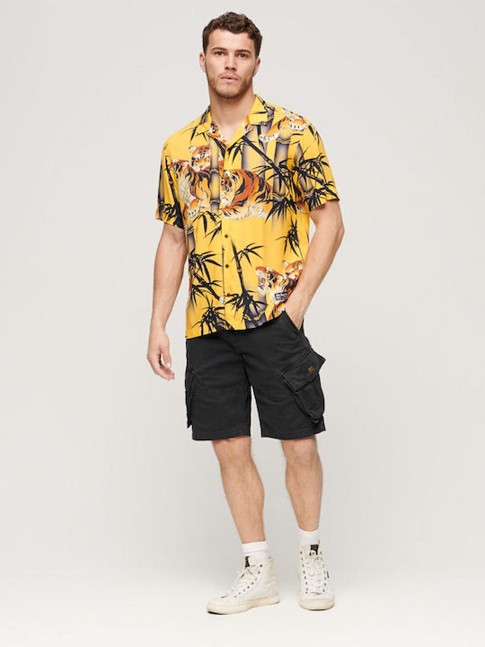 D3 Ovin Hawaiian Κοντομάνικο Πουκάμισο σε Κανονική Γραμμή Floral Κιτρινο