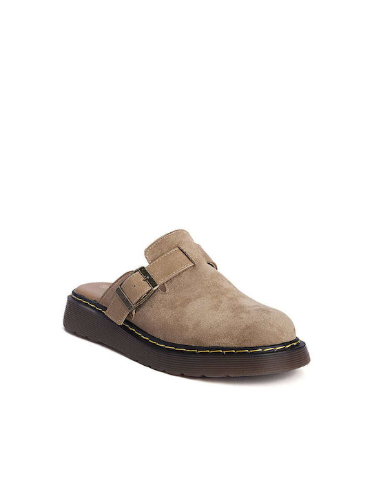 Women's Clogs with Strap and Buckle Dark Beige