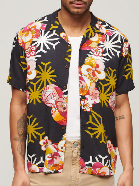 Hawaiian Cu mânecă scurtă Cămașă Floral Negru