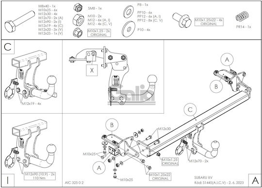Galia Tow Hook Car Subaru XV 2017+ Maximum Towing Weight 1600kg with Screws