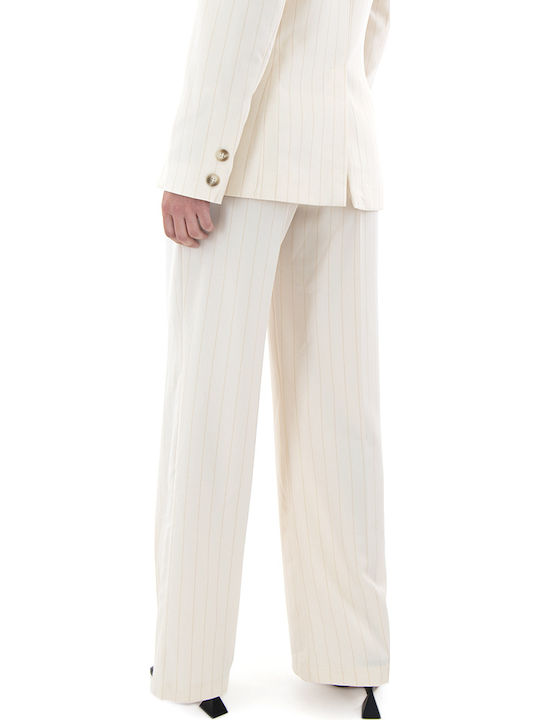 Women's High-waisted Fabric Trousers Straight Line Striped Ecru