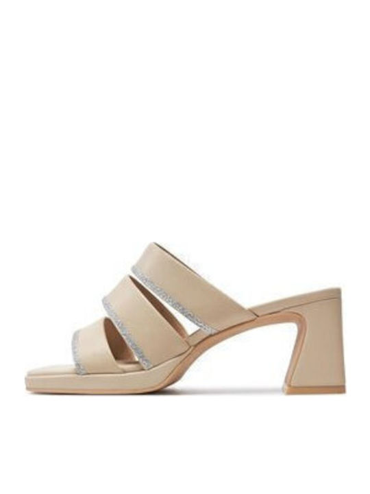 Leather Mules with Heel in Ecru Color