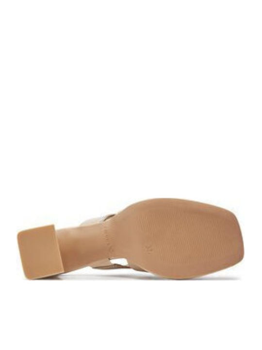 Leather Mules with Heel in Ecru Color